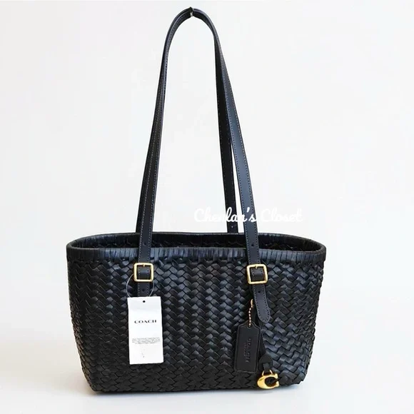 Coach Black Woven Leather Swing Tote Carryall Shoulder Bag Purse - Picture 5 of 13